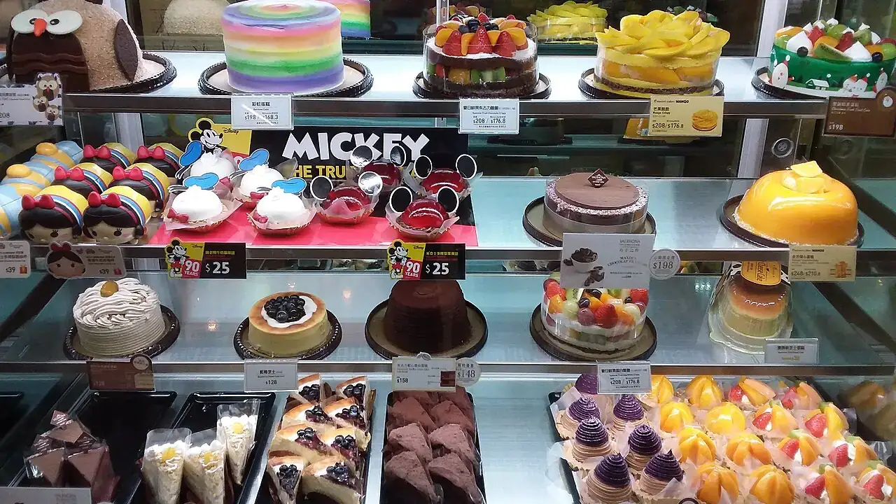 Celebration cakes in a display